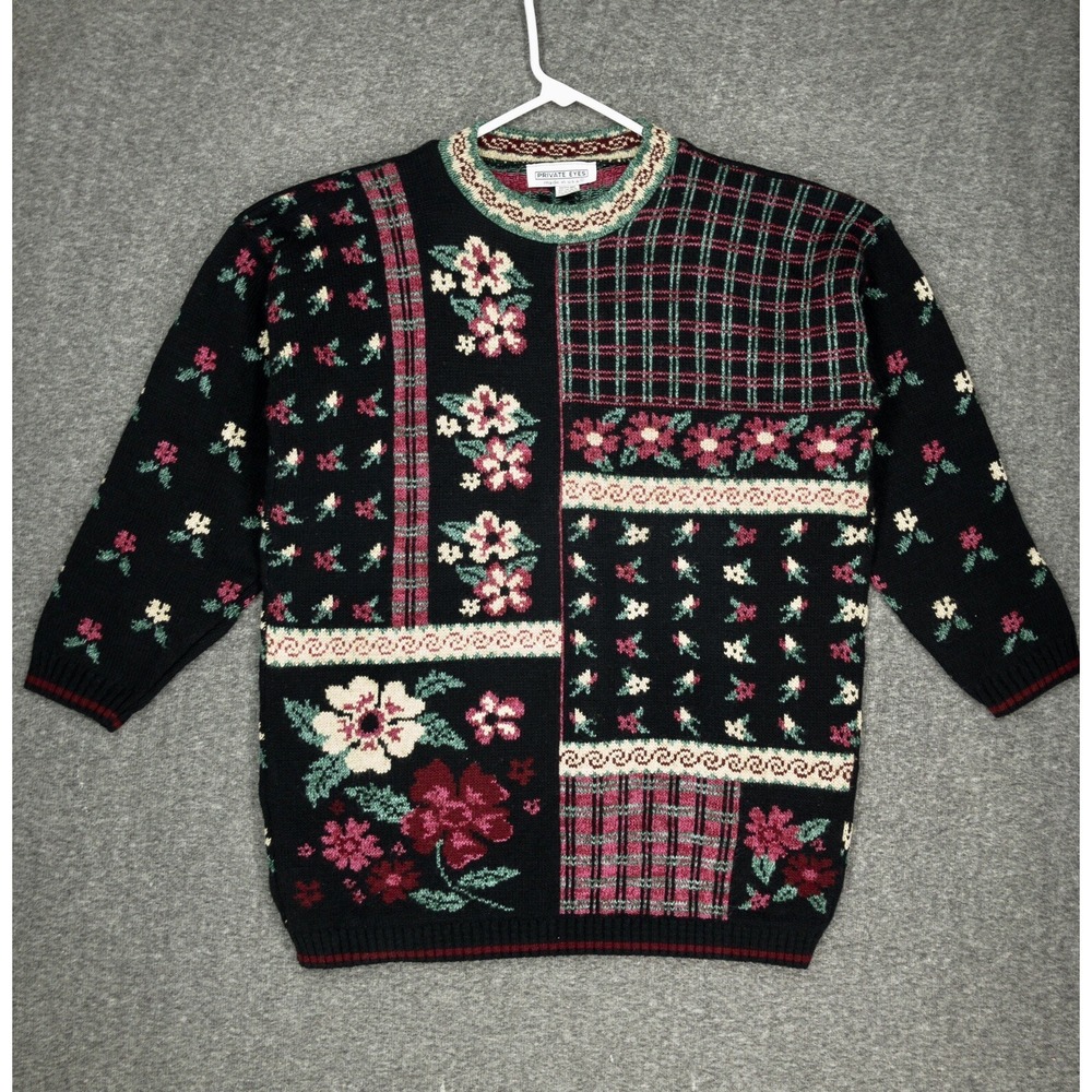 Vintage Private Eyes Sweater Black Floral Tunic Women's Size XL Cottagecore 80s